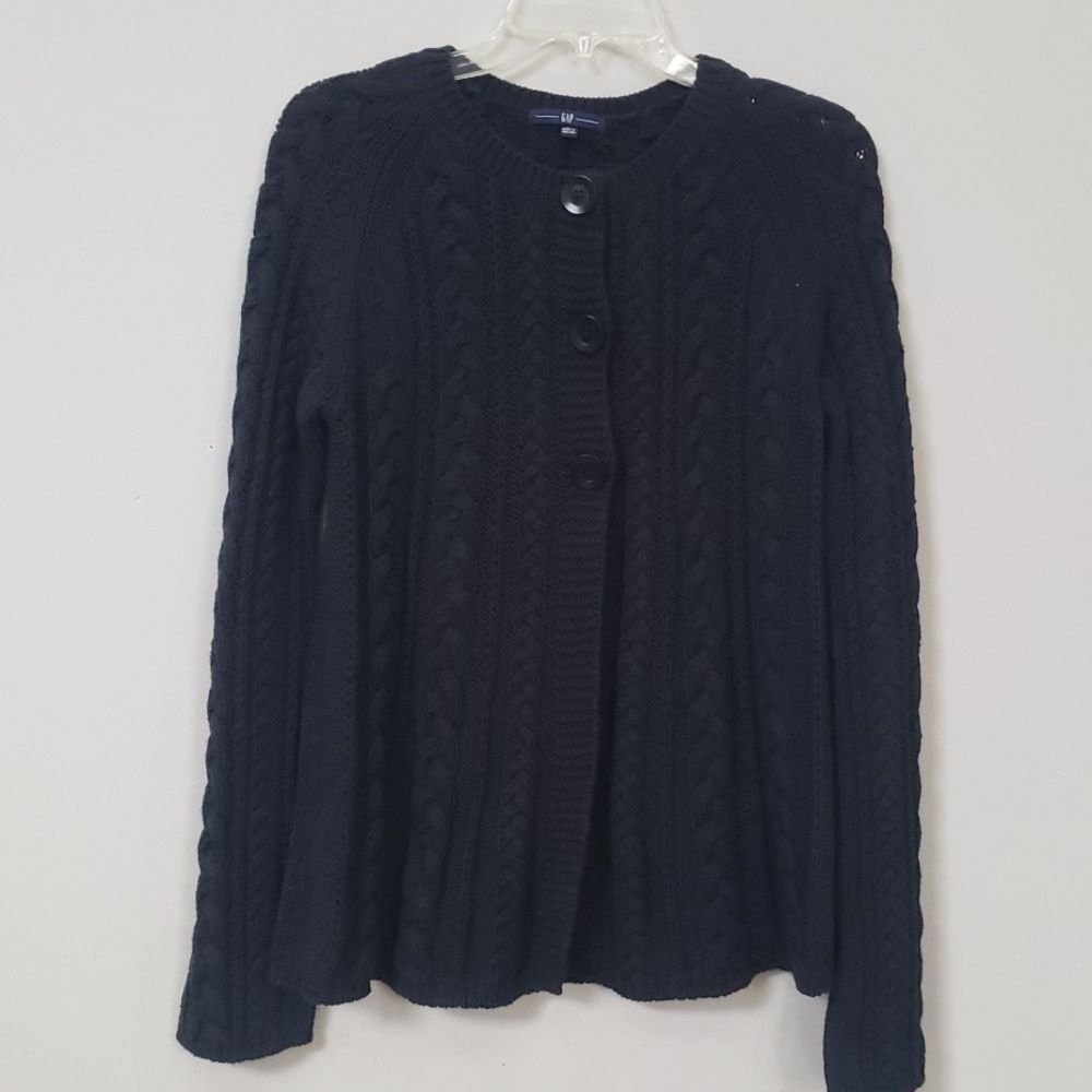 GAP Sweater Womens L Cardigan Cable Knit Fisherman's 3 Button 100% Cotton Black